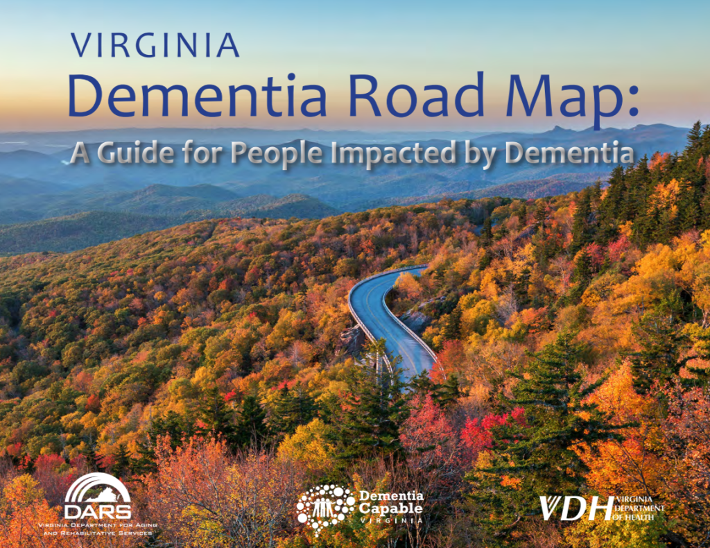 Virginia Dementia Road Map cover showing Blue Ridge mountains in the fall 