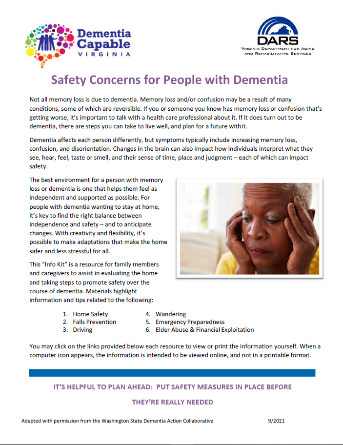 factsheet screenshot: Safety Concerns for People with Dementia 