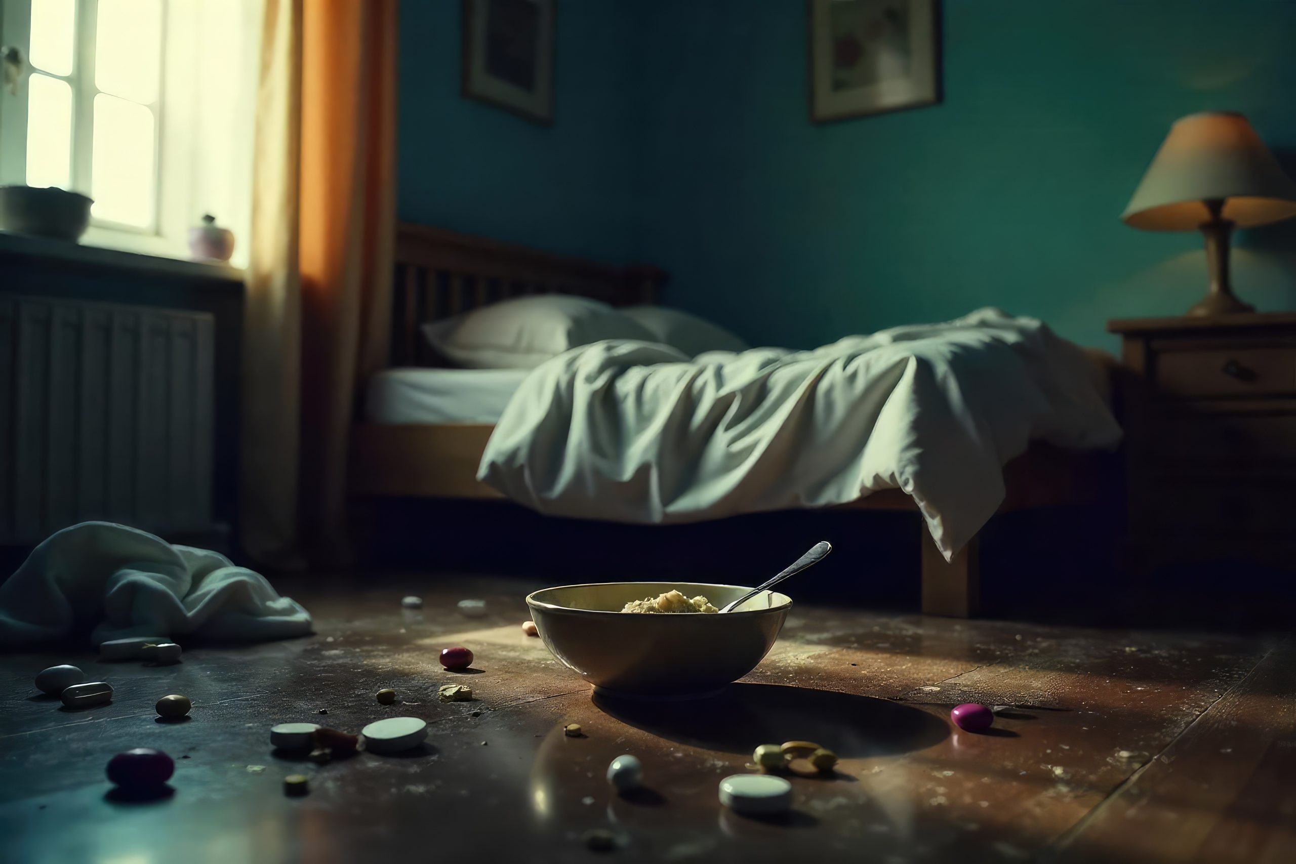 A dirty bedroom with food and dishes all over the floor beside an unmade bed