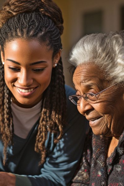 A smiling nurse tends to an elderly patient at a long-term care institution